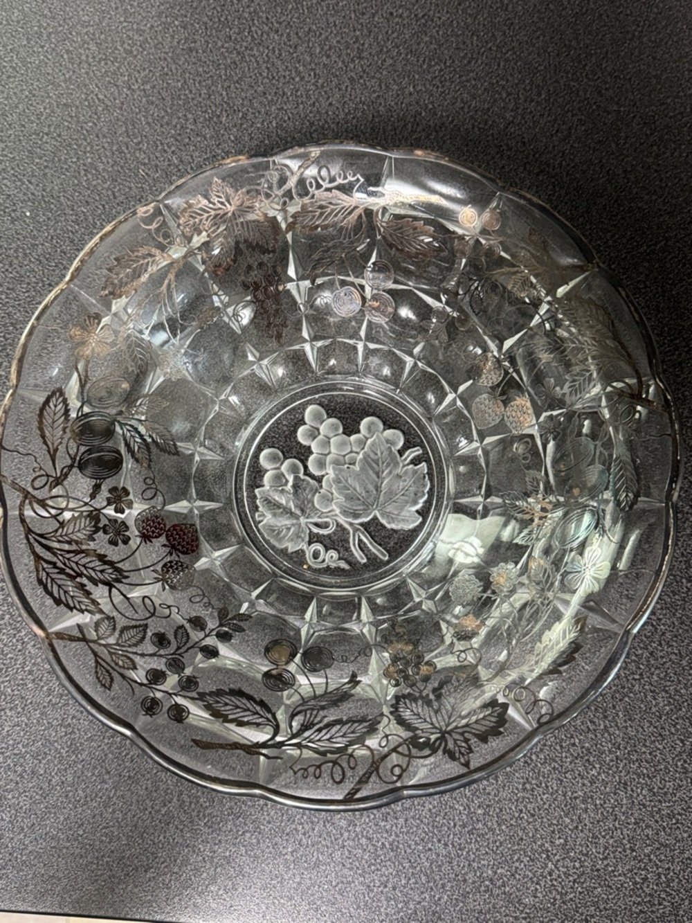 Vintage Silver City Cut Glass Bowl with Sterling  Silver Fruit Motif Overlay